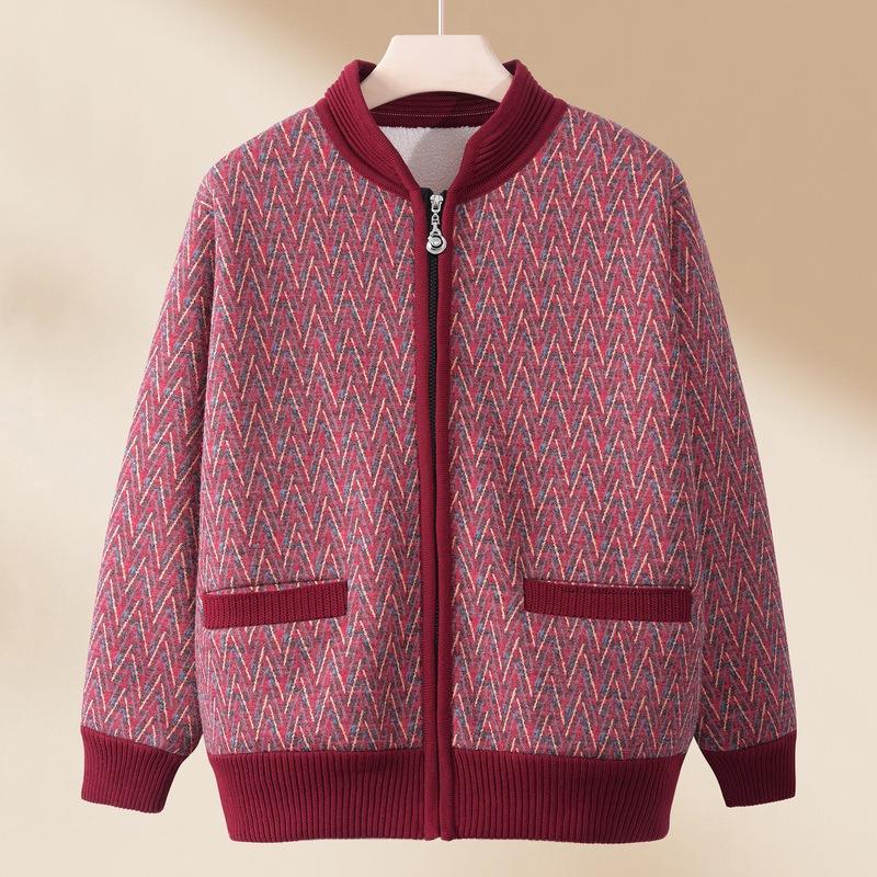 Mom Spring Knitted Sweater Women's New Middle-aged and Old Velvet Cardigan Top Spring and Autumn Grandma Sweater Jacket
