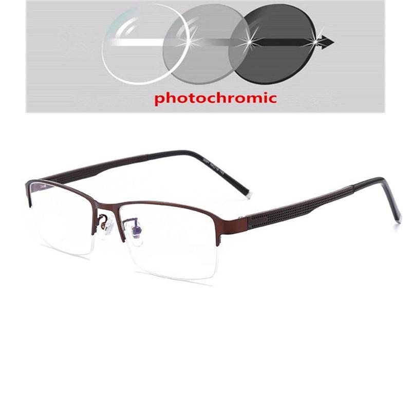 Semi-Rimless Square Photochromic Prescription Glasses Metal Frame Myopia Spectacles Diopter 0 To -6