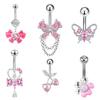 Pink Zircon Belly Button Rings Stainless Steel Heart Butterfly Navel Piercing Barbell For Women Beach Belly Ring Body Jewelry