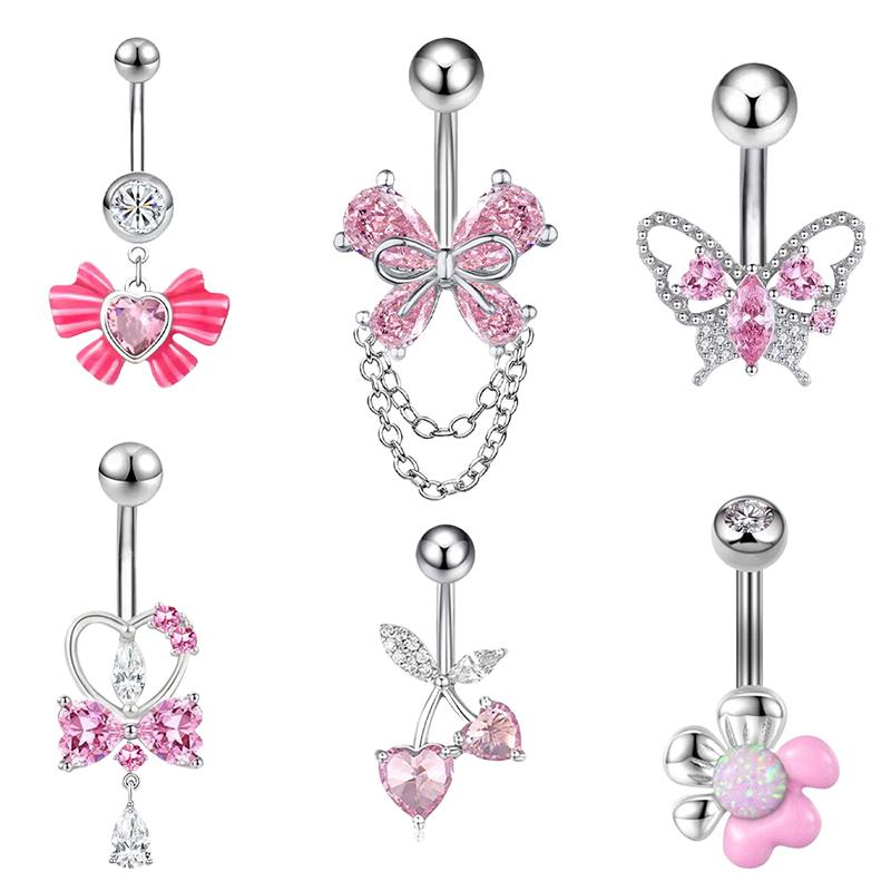 Pink Zircon Belly Button Rings Stainless Steel Heart Butterfly Navel Piercing Barbell For Women Beach Belly Ring Body Jewelry