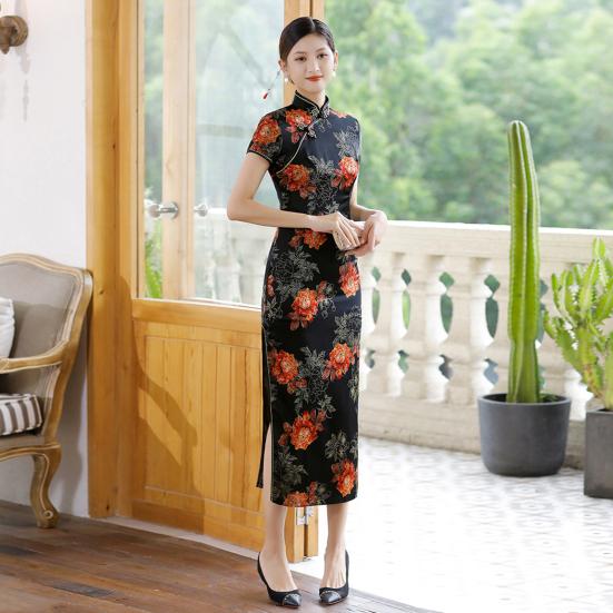 Lady Cheongsam Smooth Dress Tight Chinese Up Waist Style Landscape Painting Print Split Hem Traditional Qipao