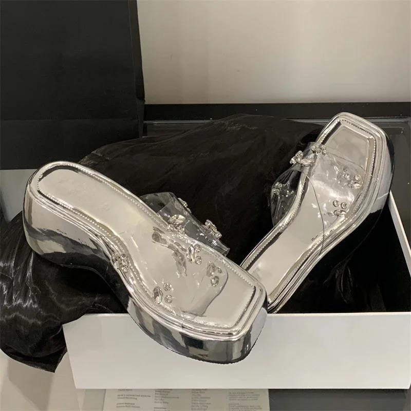 Fashion Women Shoes Diamond Transparent Slippers Women Solid Platform Wedges Shoes Women's Sandals Summer Square Toe High Heels Sandals