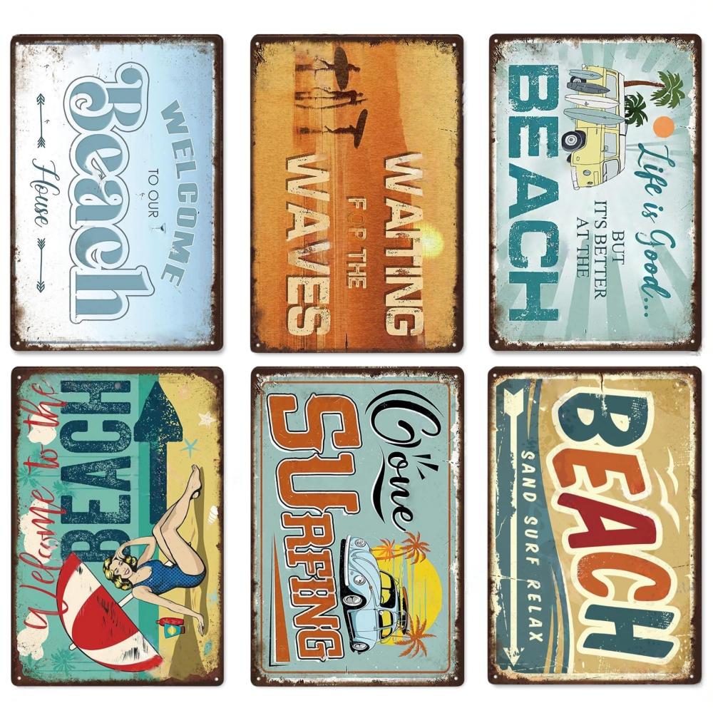 Summer Beach Decor Vintage Metal Tin Signs Plaque Metal Plate Retro Posters Wall Art Decor Seaside