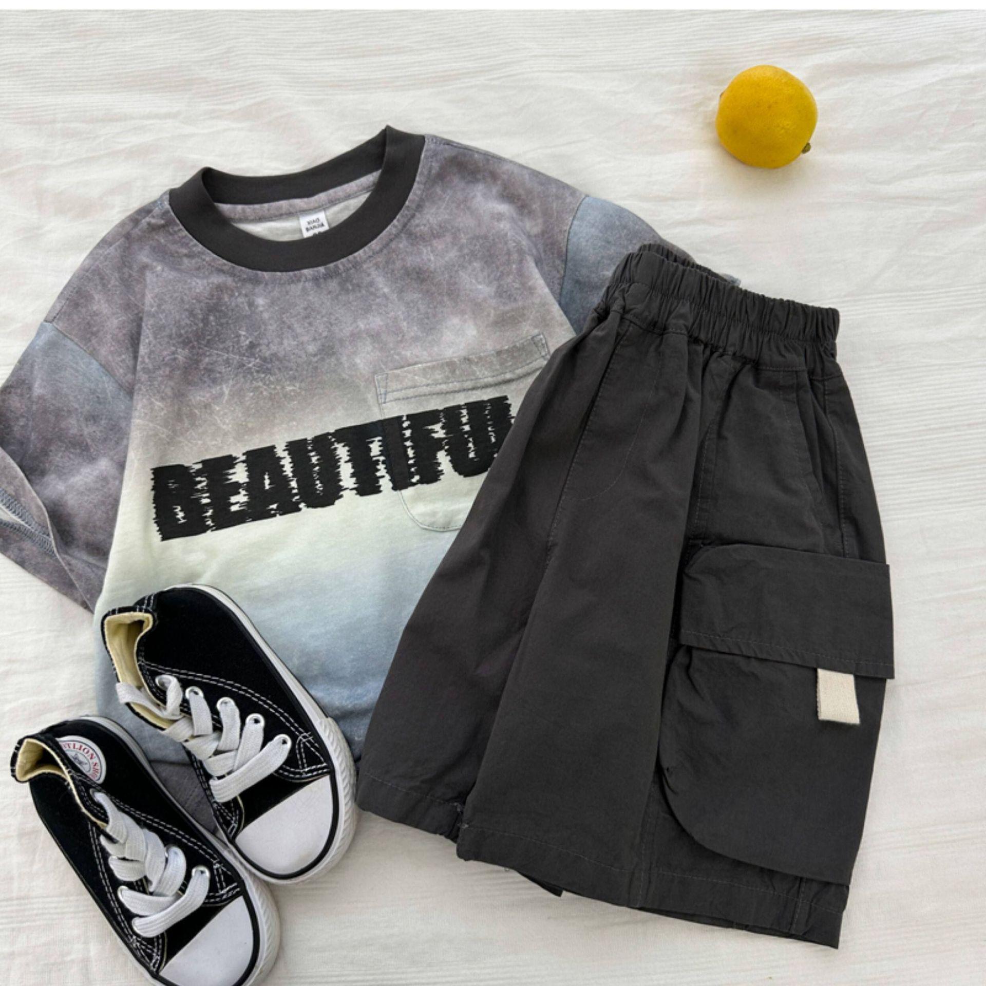 Boys  2026 Gradient Tie-Dye Letter T-shirt & Shorts Set 90cm