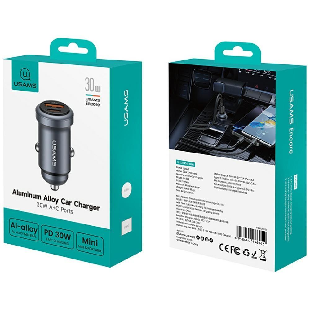 USAMS CC322 30W Car Charger 1xUSB-A 1xUSB-C Tarnish