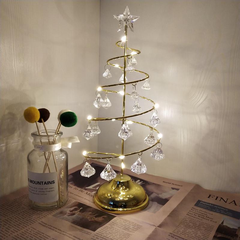LED Crystal Christmas Tree Night Light - Elegant Iron Art Desk Lamp for Bedroom Ambiance