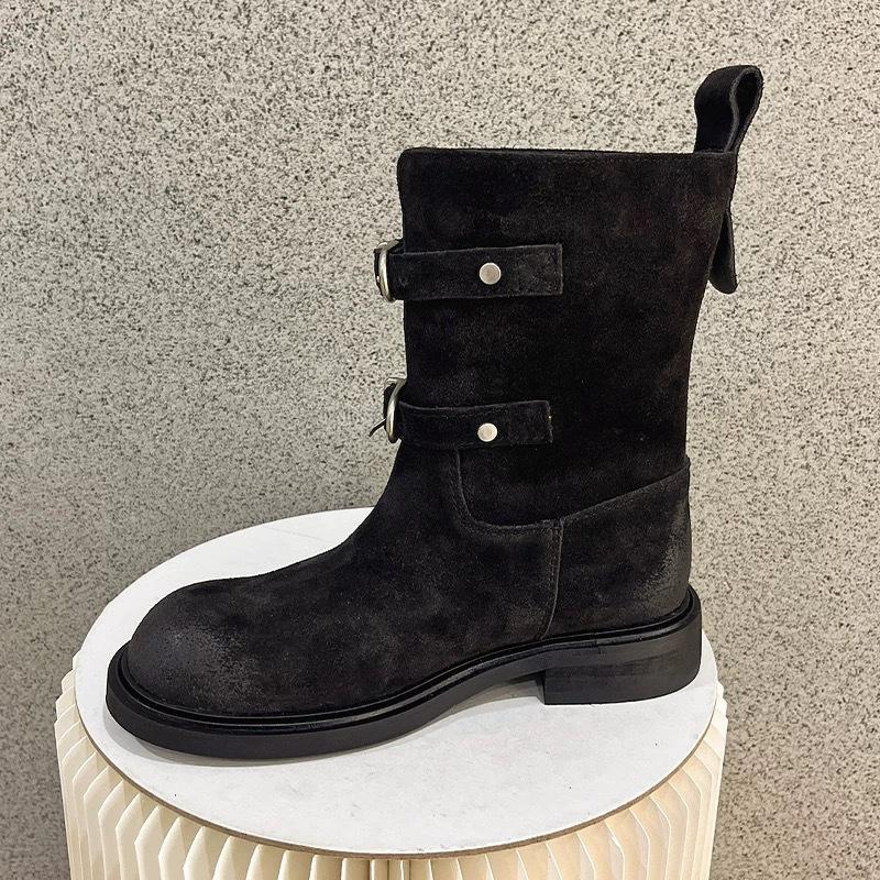 

Sheepskin version~ retro polished belt buckle western cowboy boots slim short boots women s Maillard Martin boots locomotive boots 40