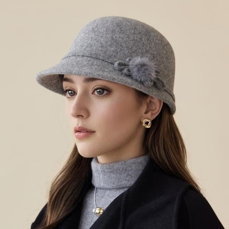 

Панама женская осенне-зимняя шерстяная элегантная с цветком теплая шляпа-ведро повседневная универсальная ретро шляпа-котелок one size серый