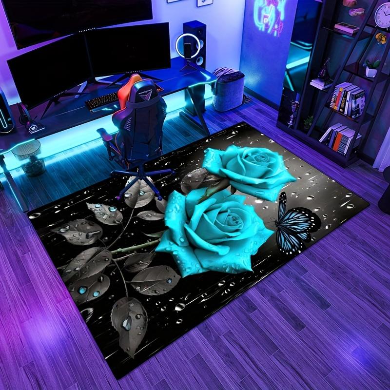 Luxury Blue Rose Floral Door Mat, Elegant Butterfly & Water Drop Print Rug, Non-Slip Washable Decor Carpet for Kitchen Bathroom