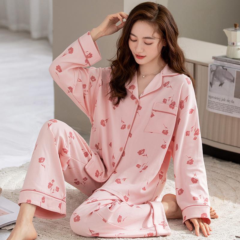 Pajamas Women's Spring and Autumn 100% Pure Cotton Long-sleeved Thin 1011 New Spring and Summer High-end Loungewear Set