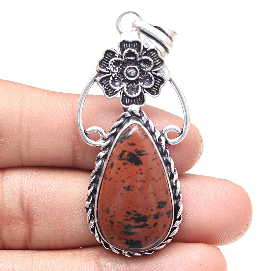 Pendant Mahogany Obsidian Gemstone Handmade Antique Silver Jewelry 2.5"