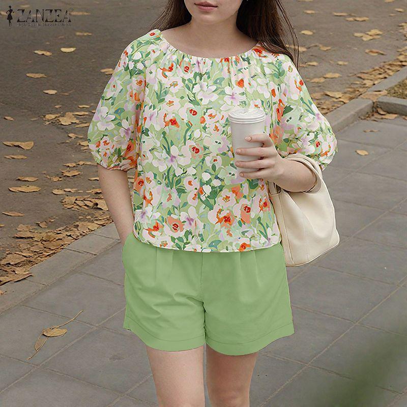 ZANZEA Women Half Sleeve Floral Blouse and Shorts Summer Two Piece Suit Sets