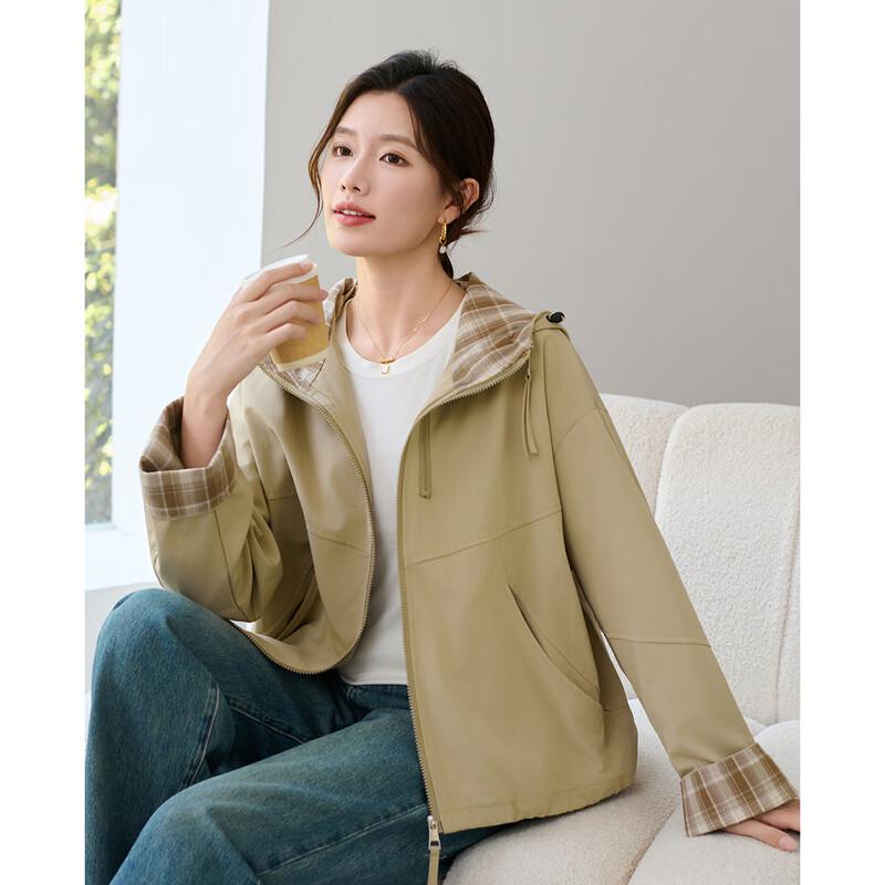 TERRE BLEUE Women s Plaid Patchwork Hooded Jacket L