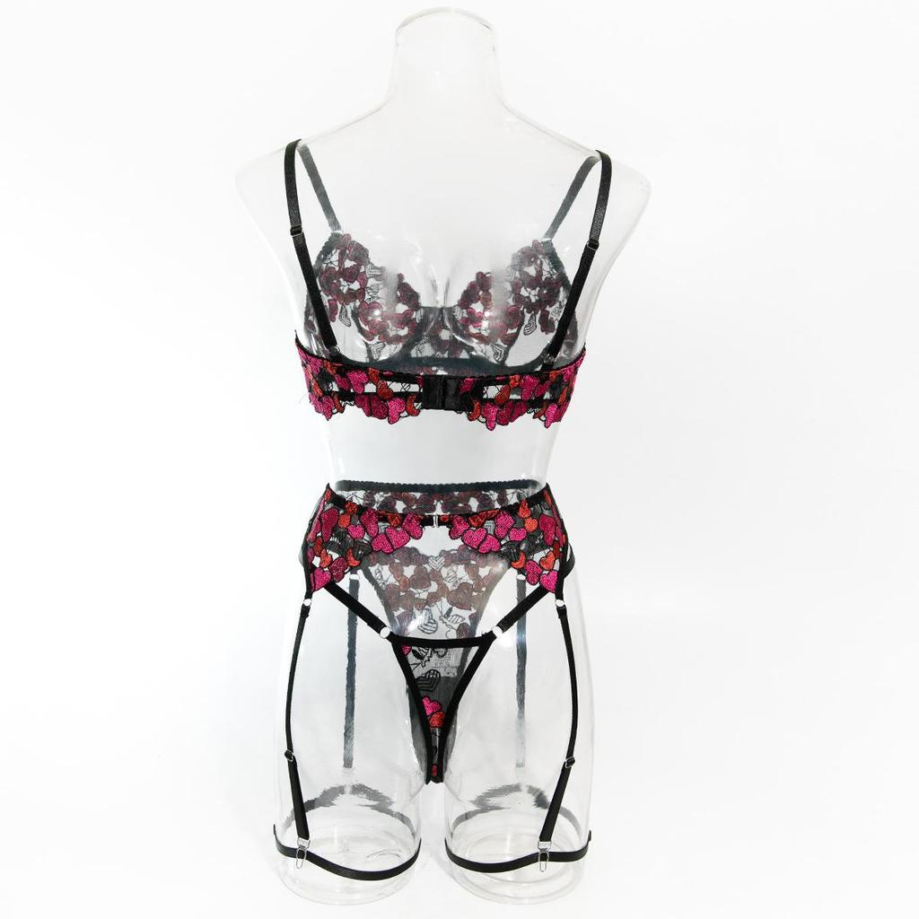 Embroidered Lace Lingerie Set: 4-Piece Transparent Bra & Panties