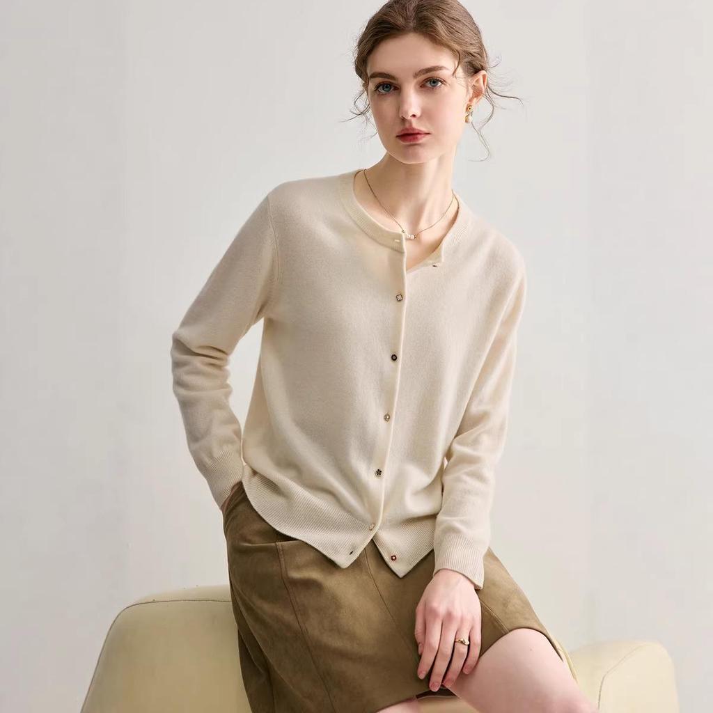 Women's 100% Pure Cashmere Round Neck Knit Cardigan - Loose, Versatile, Solid Color, Long Sleeve, Warm Autumn/Winter Outerwear