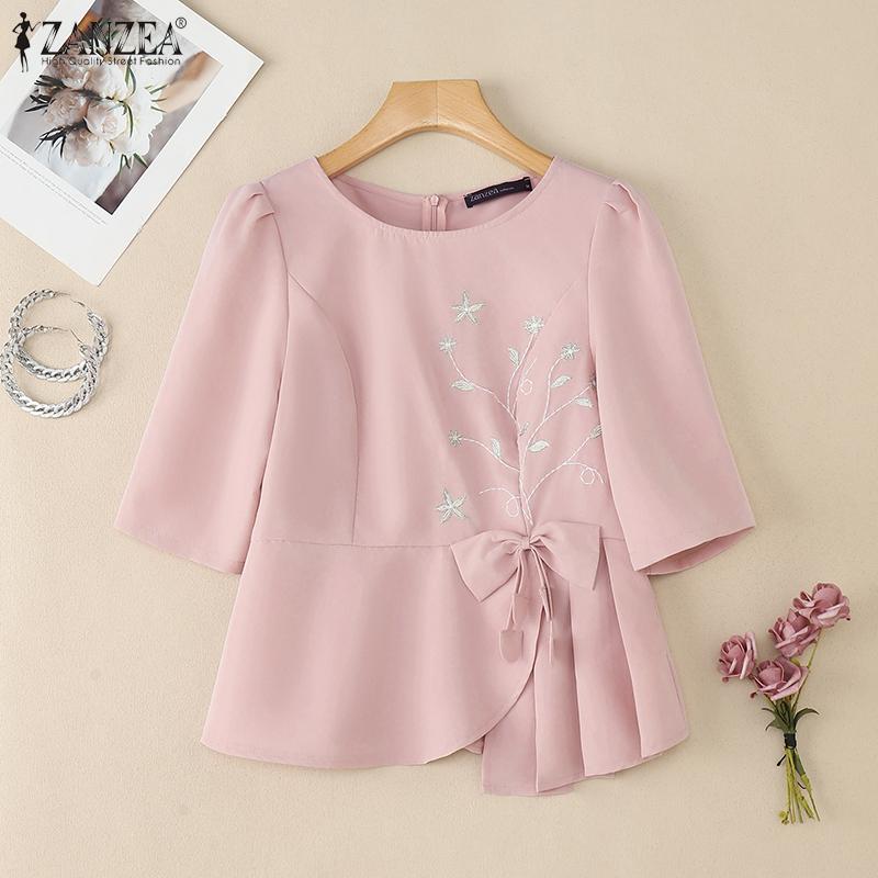 ZANZEA Blusa Casual de Verano para Mujer con Cuello Redondo y Manga Media con Bordado