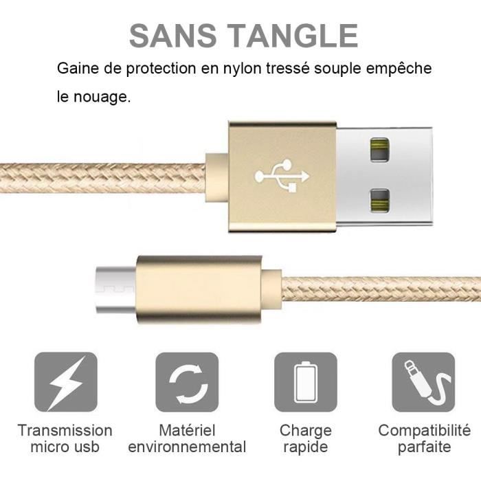Câble Micro USB - Non spécifié - Lot de 2 - 1M - Nylon Doré - Compatible Android