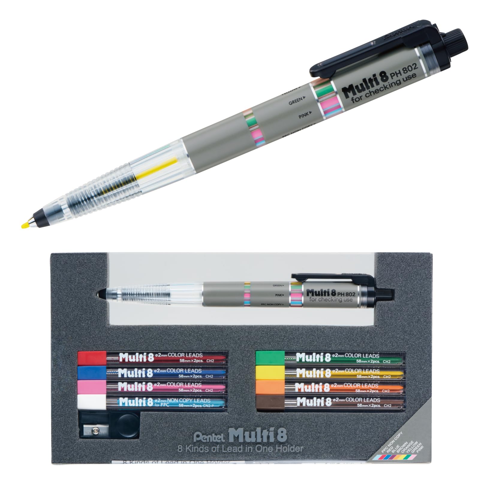 Pentel Mechanical Pencil Multi 8 Color PH802ST 8-Pack, Leads,