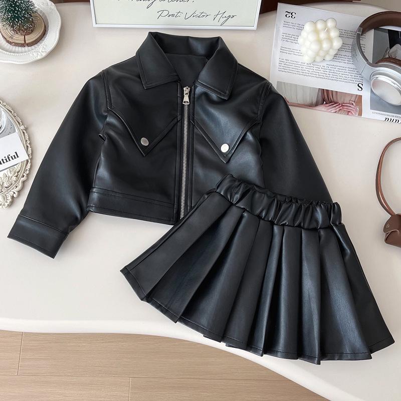 Girls  Autumn PU Leather Biker Outfit: Korean-Style Jacket & Pleated Skirt Set 140