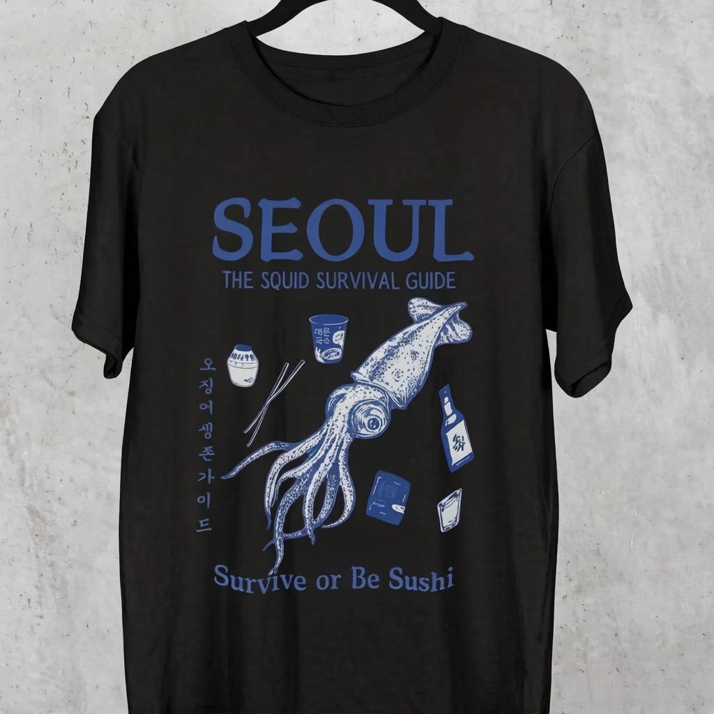 

Korea Seoul T Shirt Squid Korean Outfits Fashion Unisex Shirts 90s Ocean Streetwear Busan Jejudo Vintage Washed Graphic 4XL