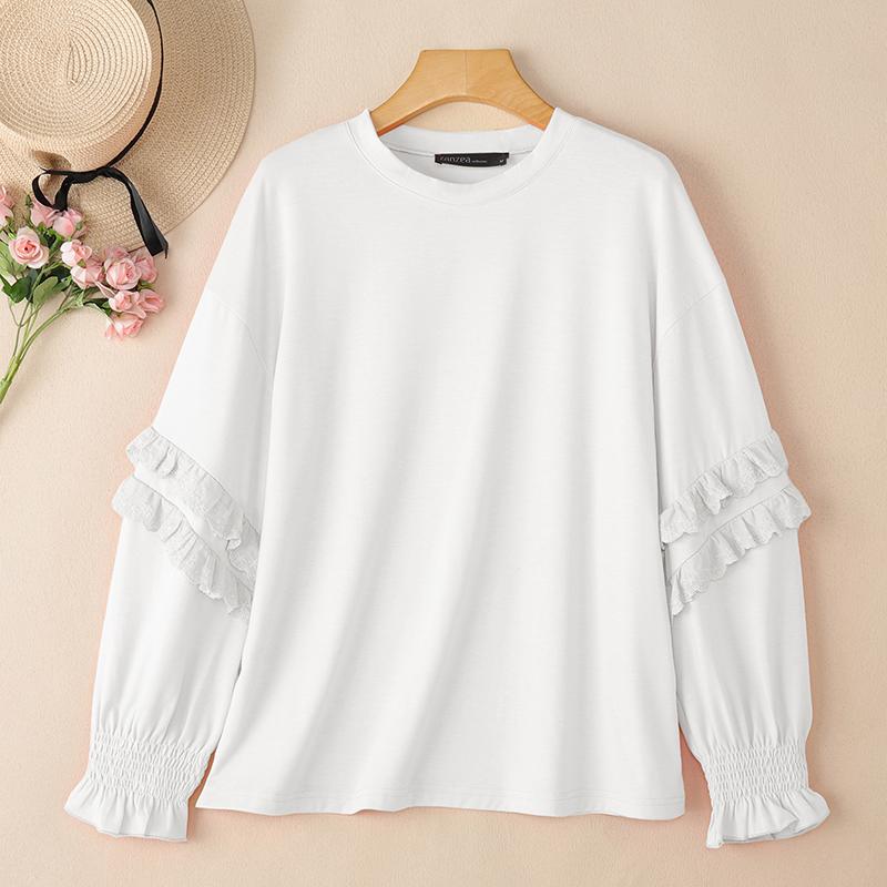 ZANZEA Women Casual Round Neck Loose Long Sleeve Blouse