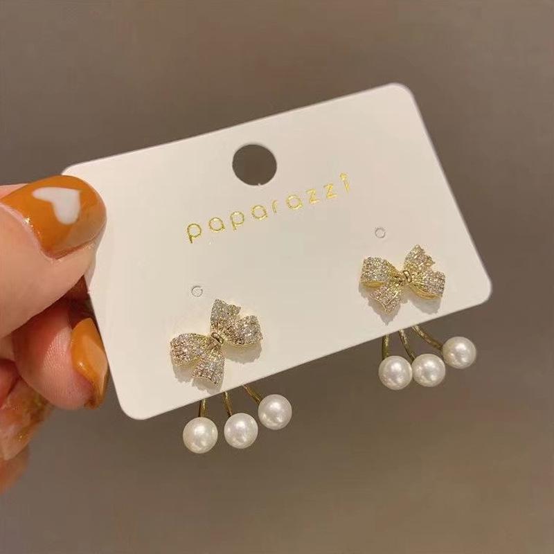 

Korean Pearl Rhinestone Bow Earrings - Elegant Silver Needle Stud & Dangle Design