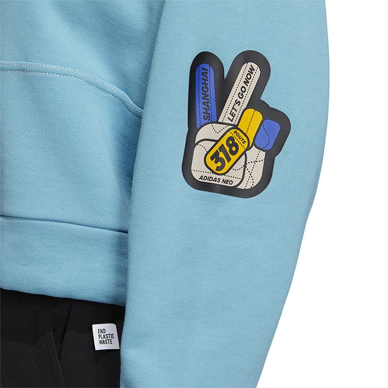 adidas Felpa con cappuccio da donna blu con stampa a motivi neo, patchwork sull'orlo e coulisse