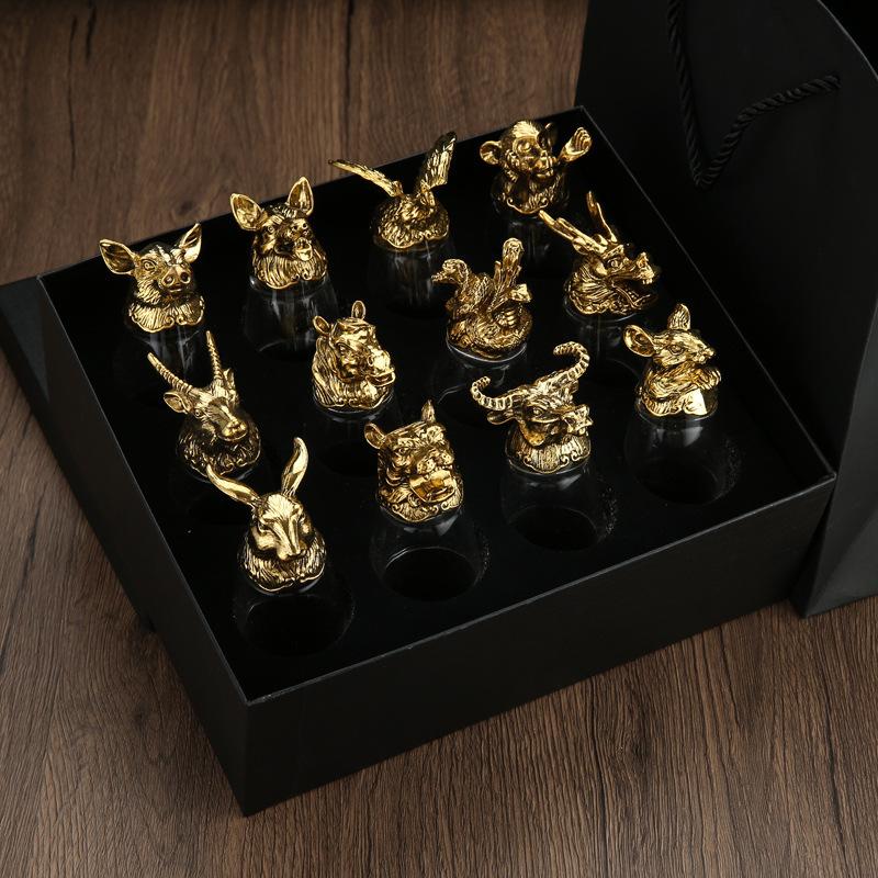 

12 шт./набор Полный набор 25 мл хрустальных стаканчиков без свинца для 12 знаков китайского зодиака, стаканчики для байцзю, в подарочной коробке, цинковый сплав 25mL