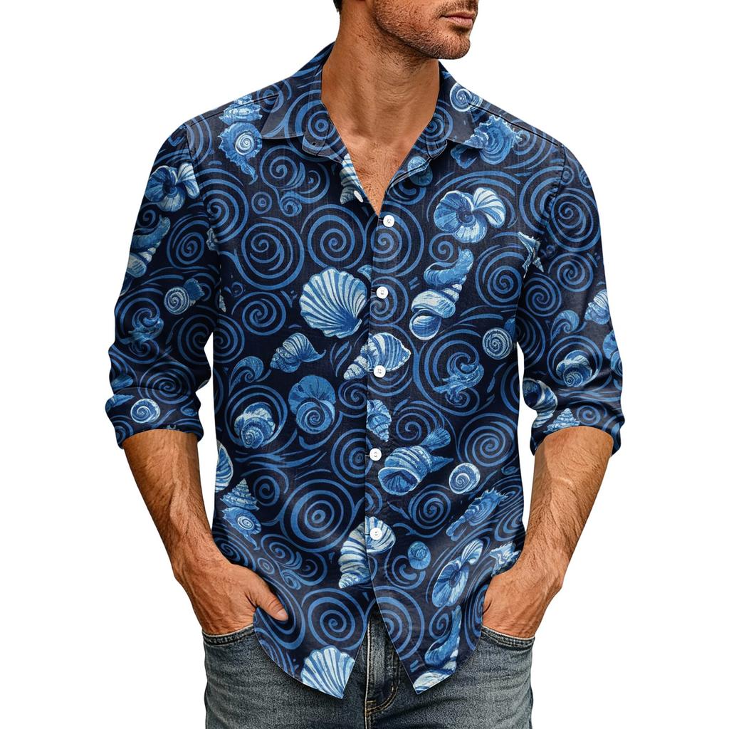 Men's Hawaiian Loose Fit Long Sleeve Button Down Shirt Retro Casual