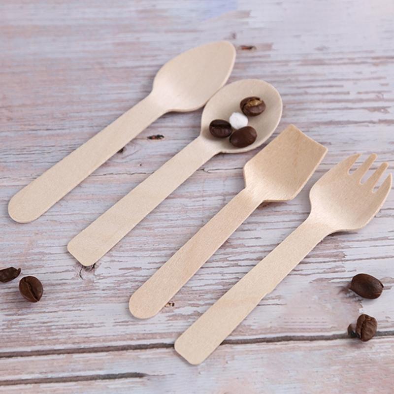 Wooden Eating Utensils Pack of 100 Disposable Cutlery Spoon Fork Knife Birchwood Cutlery Set Environmentally Friendly