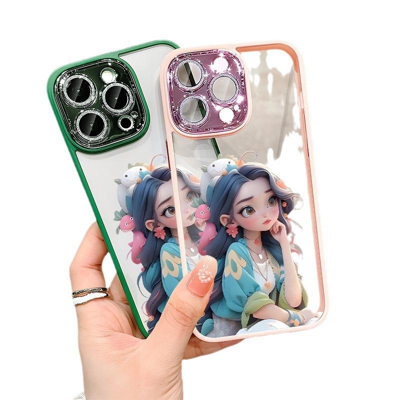 Blue-haired Girl Is Suitable for Apple 15 Mobile Phone Case 15Promax All-inclusive 14 with Flash Diamond Lens Film 13 Fairy Model.