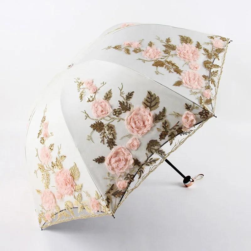 New Fashion Luxury Embroidered Flower Rain Umbrella for Women 3 Folding Double Layer Lace Up Parasol Luxury Uv Umbrellas Summer