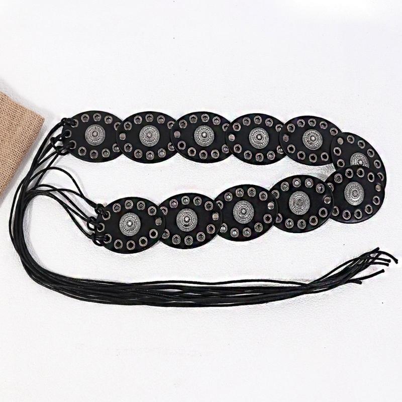 Bohemian Oval Disc Waist Belt PU Leather Selftied Belt Adjustable Waist Strap For Women Girl Daily Outfit Stage Wear