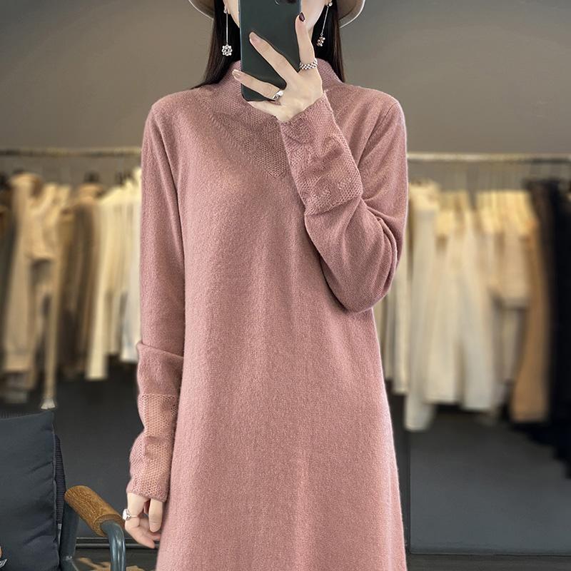 Women's Cashmere Dress Qinghe Cashmere 70% Wool 30% Cashmere Women's Autumn and Winter Cashmere Dress Soft and Warm
