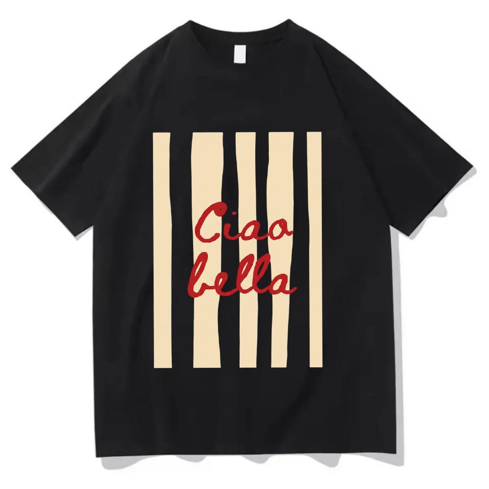 

Ciao Bella T Shirt Italian Quote Graphic Tee Vintage Striped Summer Top Retro Aesthetic Harajuku Streetwear Unisex Short Sleeve 4XL