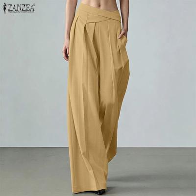 Women Casual Elastic Waist Solid Color Loose Wide Leg Pants