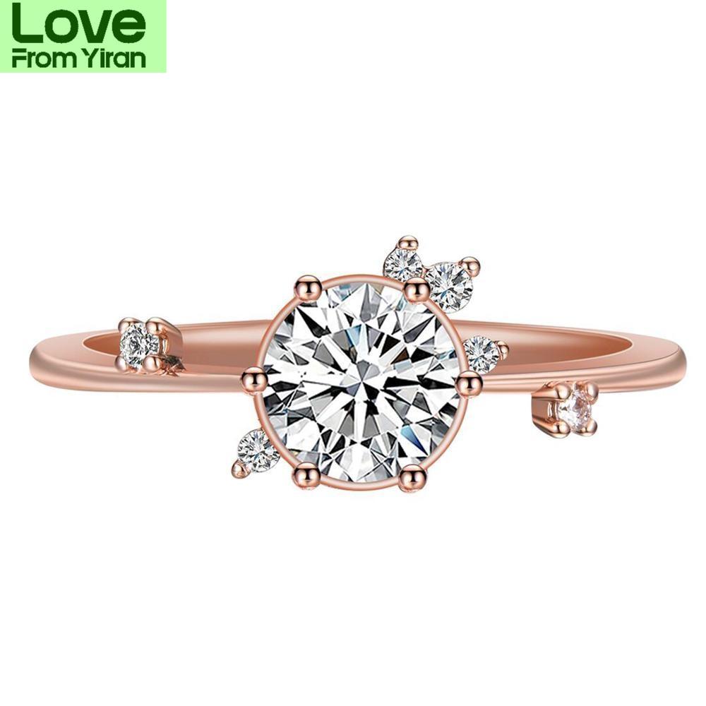Female Crystal Stone Round Bridal Wedding Occasion Rings Rose Gold Tone Dainty Thin Finger Ring Color Rings Minimalist Women Fine