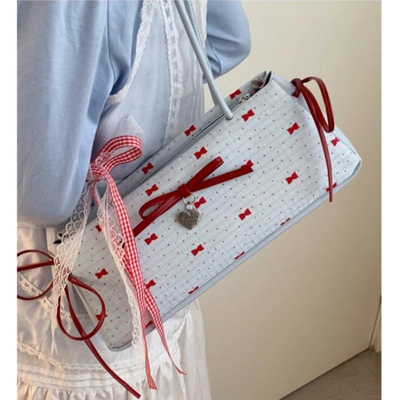 Fairycore Aesthetic Bow Blue Shoulder Bags Women New Trendy Silk Ribbon Chic Bow Y2k Handbag Hot Girls Sweet Cute Underarm Bag