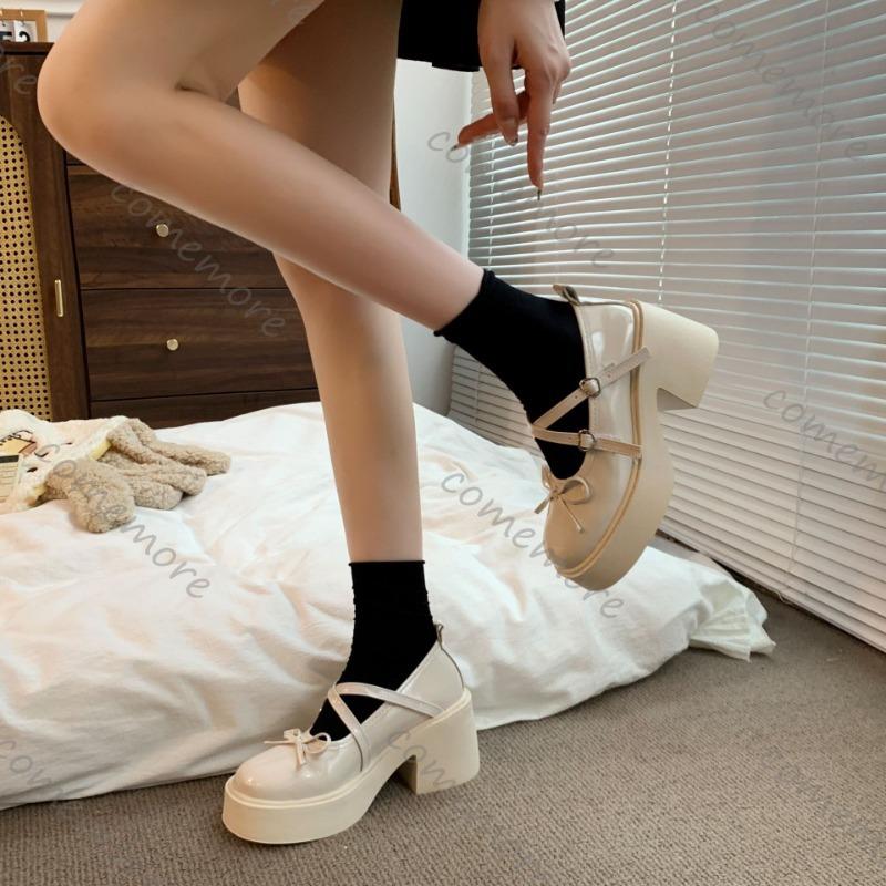 Fashion Comemore Women's Chunky Heel Mary Janes Shoes Spring Round Toe Pumps Platform Shoes for Women Dress Students Lolita Heeled Shoes