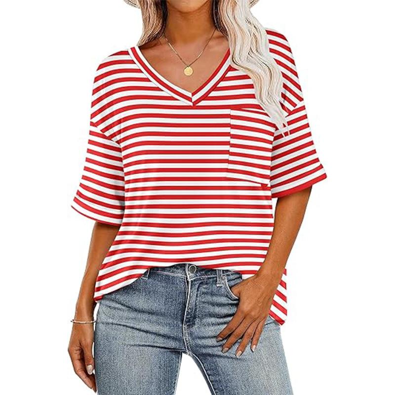 Summer V-neck Color Striped Short Sleeved T-shirt with Pockets Shoulder Sleeves T-Shirts Women’s