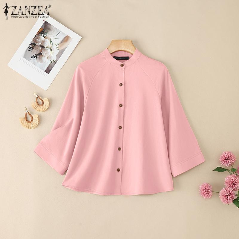 ZANZEA Women Casual Stand Collar Loose 3/4 Sleeve Cotton Blouse