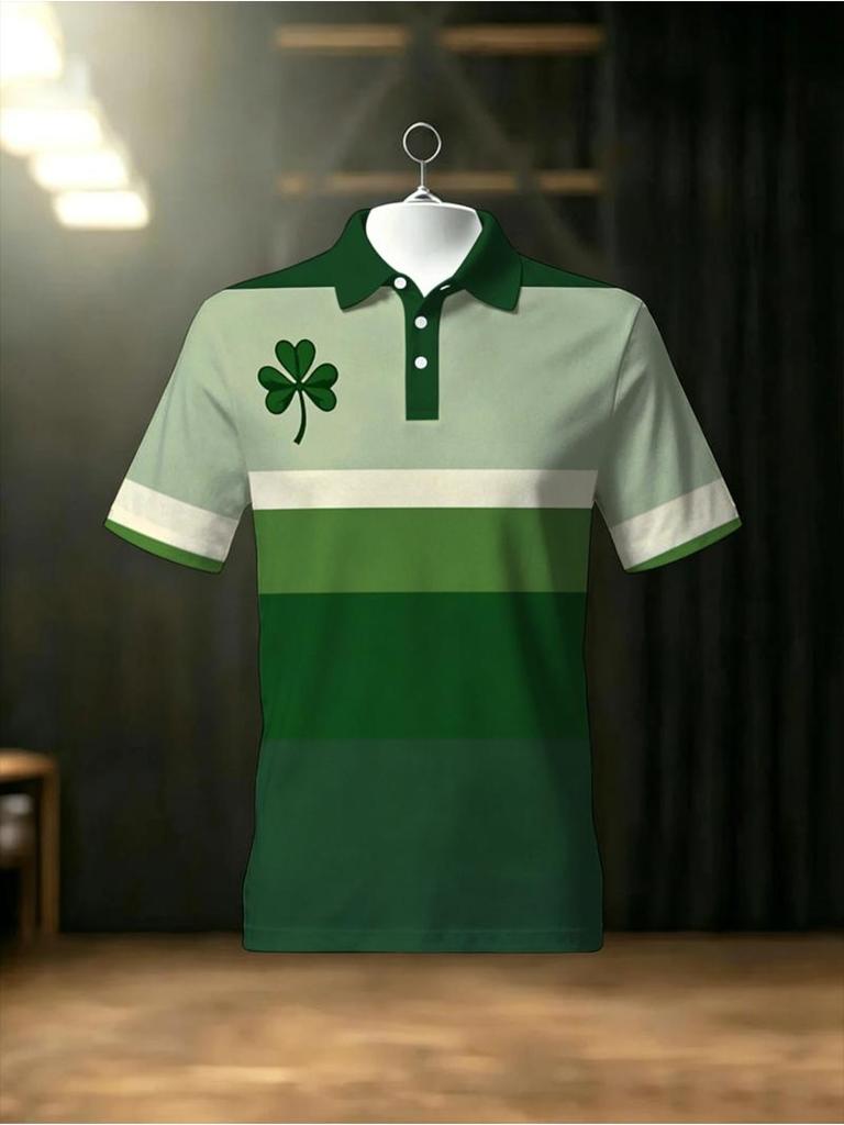 Men's Novelty Polo Shirt, Multiple Green Stripes & Four - Leaf Clover Design, Mixed Color, Multiple Sizes Available, Casual Daily Wear, Stylish &