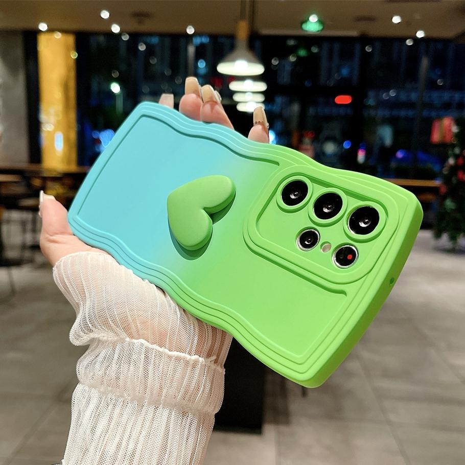 Fashion 3D Love Heart Gradient Case For iPhone 15 Pro Max 14 Plus 13 12 11 Pro X XS XR XS Max 7P 8Plus SE 2020 Curly Wave Soft TPU Cover