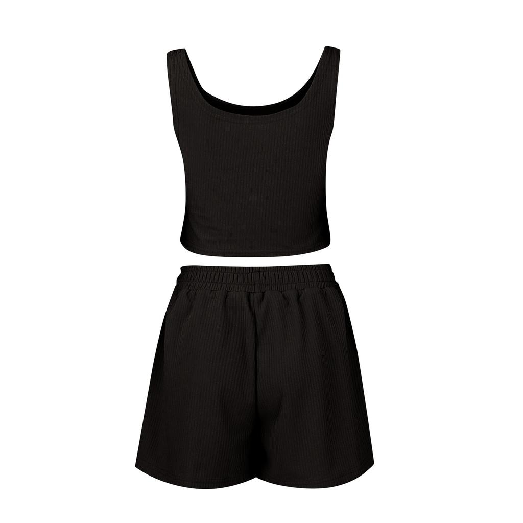 Women's Knit 2 Pack Sleeveless Cropped Tank Top Shorts Set Casual Summer Streetwear