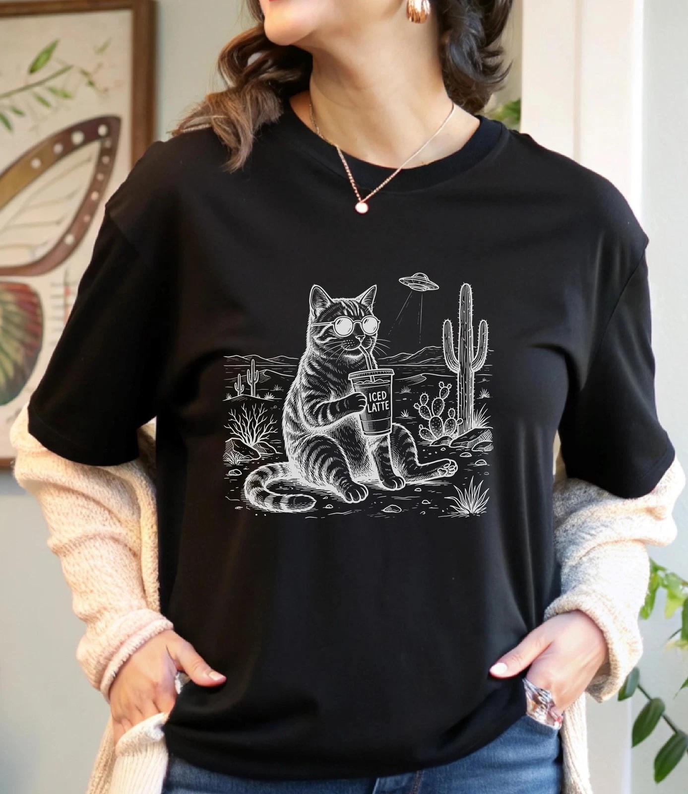 Cool Cat Iced Latte T-Shirt, Funny Tabby in Sunglasses, Desert Cactus Scene, S
