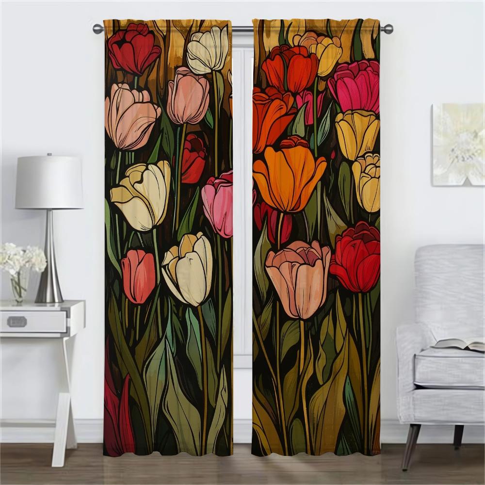 Roses and Pink Tulips Curtains for Living Room Curtain Tulle for Bedroom Shades Home Interior Curtains 2 Pieces Partition Camera