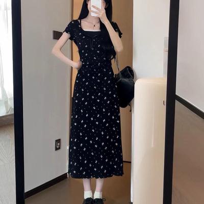 Women Fake Two Piece Bow Print Short Sleeve Dress Summer Lace Slim A-line Long Skirt