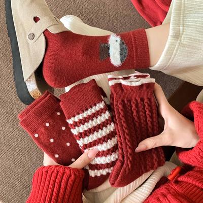 Red Twist Wool Socks, Winter Red Socks, Thickened Warm Socks, New Year'S Red Socks For The Year Of The Horse