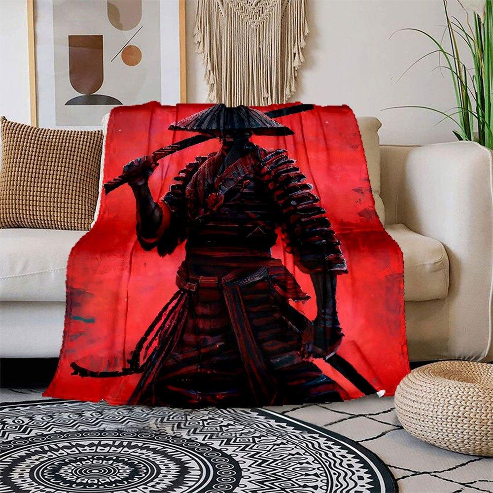Samurai Warrior Art Print - Japanese Bushido PosterBlanket Flannel Throw Blanket for Sofa, Bed, Travel, Camping, Office, Couch, Chair, And B