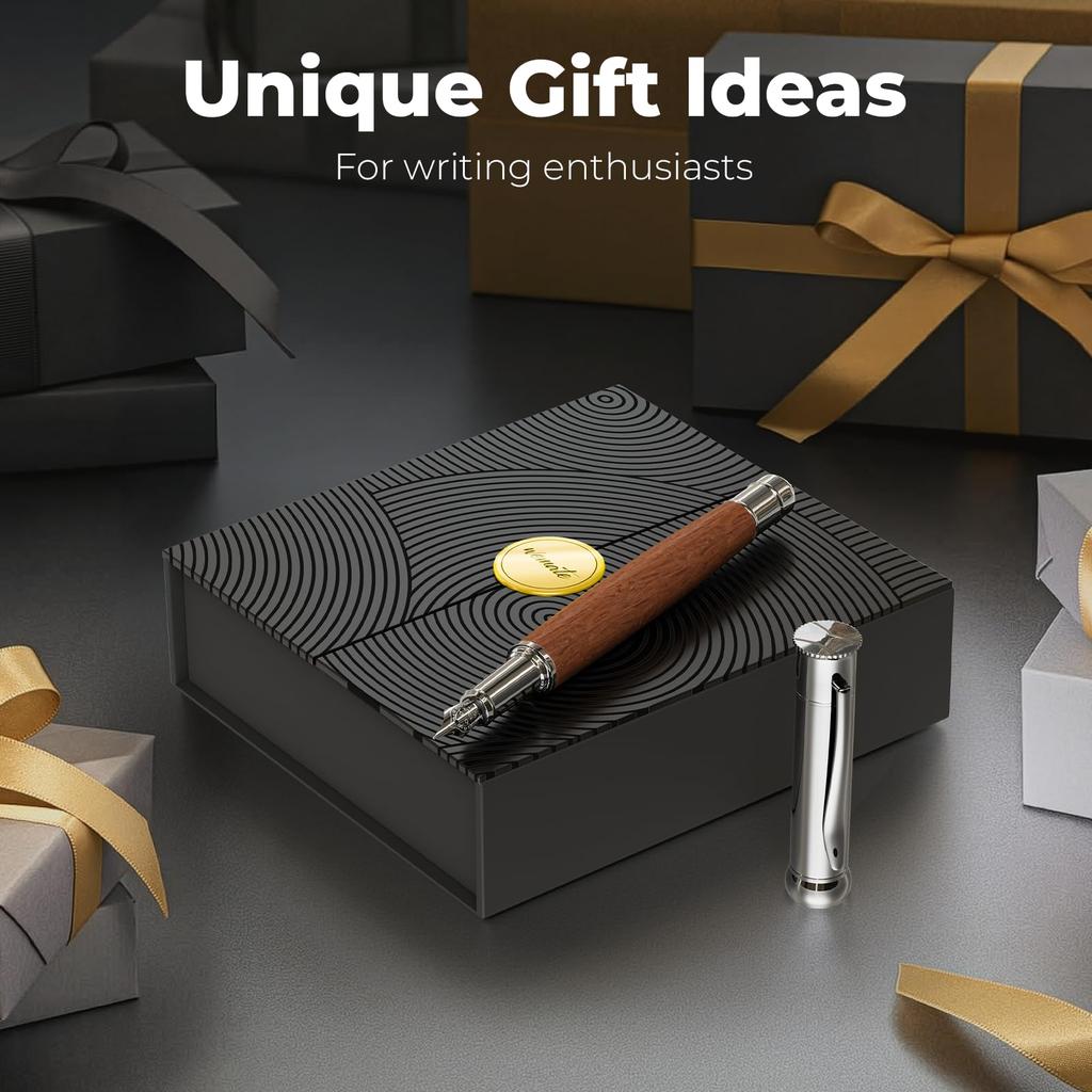 WEMATE Wooden Fountain Pen Set with Fine 20 Ink Cartridges Black 10 and 1 Converter Smooth and Gift for Men and Women Nib, (10 + Blue), Included,